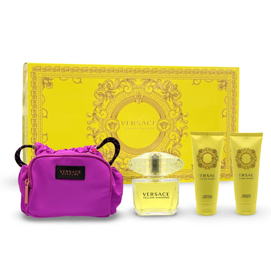 Versace perfume set with a purple bag on a white background