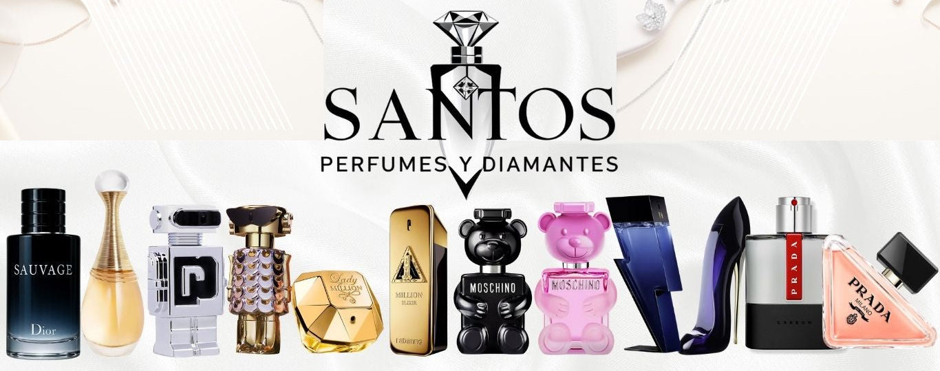 Collection of Santos perfume and diamants with various bottle designs on a white background.
