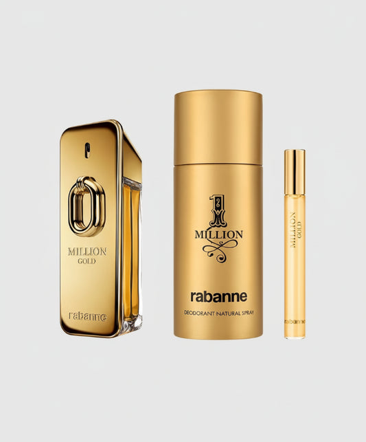 Gold perfume bottles and packaging with '1 Million' branding on a white background